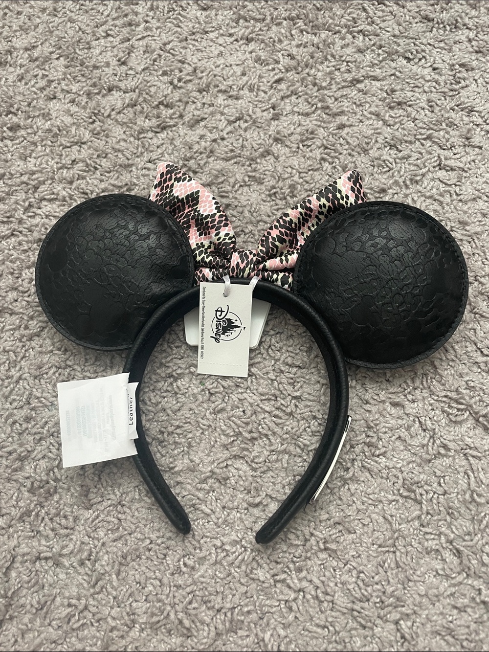 Disney Loungefly Black Minnie Mouse Ears with Pink Snake-Print Bow - Picture 6 of 7